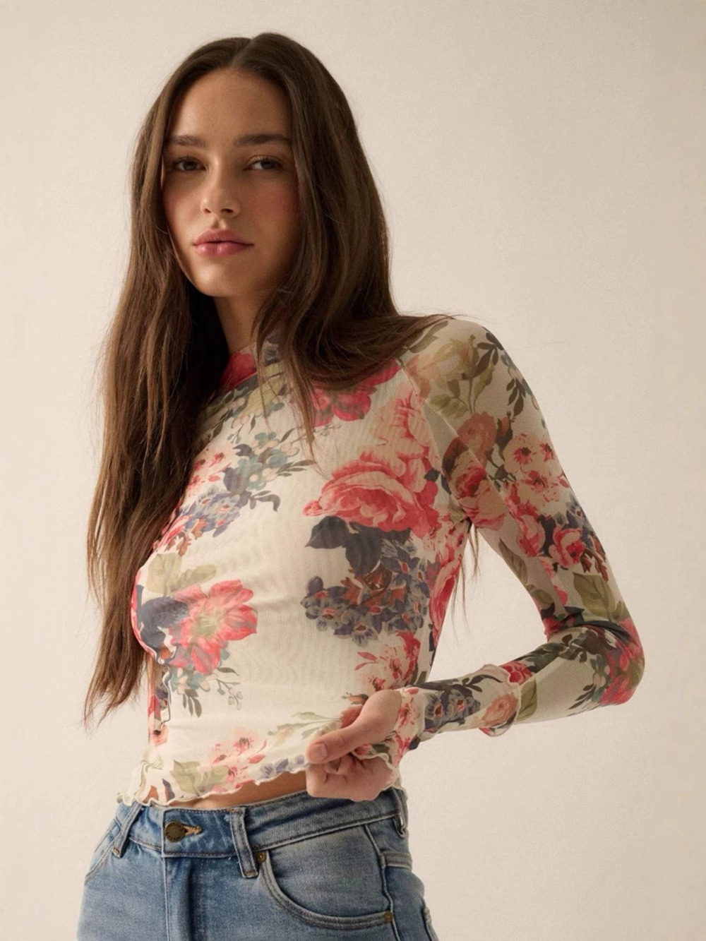 Zara Rose Print Long Sleeve Top Slim Fit UV
